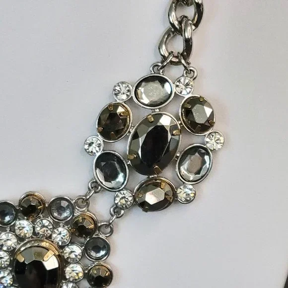 Womens Silver Tone Heavy Chunky Chain Prong Set Crystal Statement Necklace - Picture 7 of 10